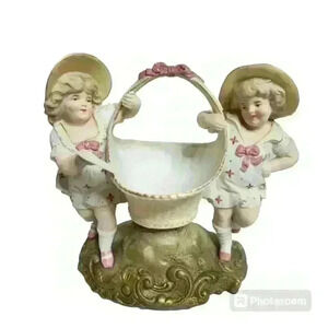 Antique Bisque Figurine sisters carrying mail